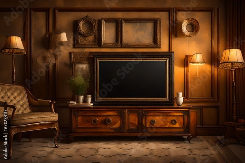 A detailed portrayal of a Canvas Frame for a mockup in an old styled TV lounge, drawing attention to antique candle holders, ornate trays, and the warm amber light of an old tube television