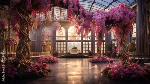 A vibrant  full ultra HD image of an orchid-themed ballroom  adorned with opulent orchid centerpieces and grand chandeliers.