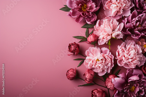 A Bright and Vibrant horizontal layouto on a pink background, Peony Flowers on, flat lay top view. AI generative