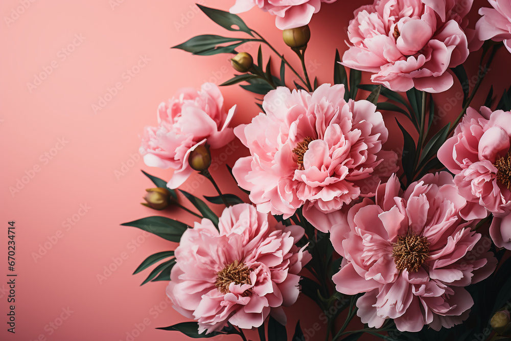 A Bright and Vibrant horizontal layouto on a pink background, Peony Flowers on, flat lay top view. AI generative