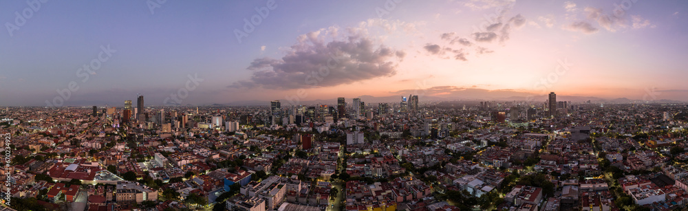  Beautiful aerial view of the capital of Mexico city of Mexico City at sunset.