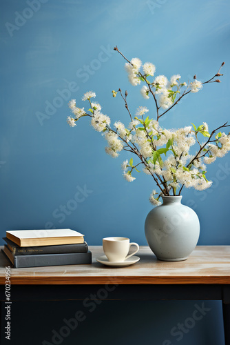 A empty table surface, a book, blue wall, soft material, top view. AI generative