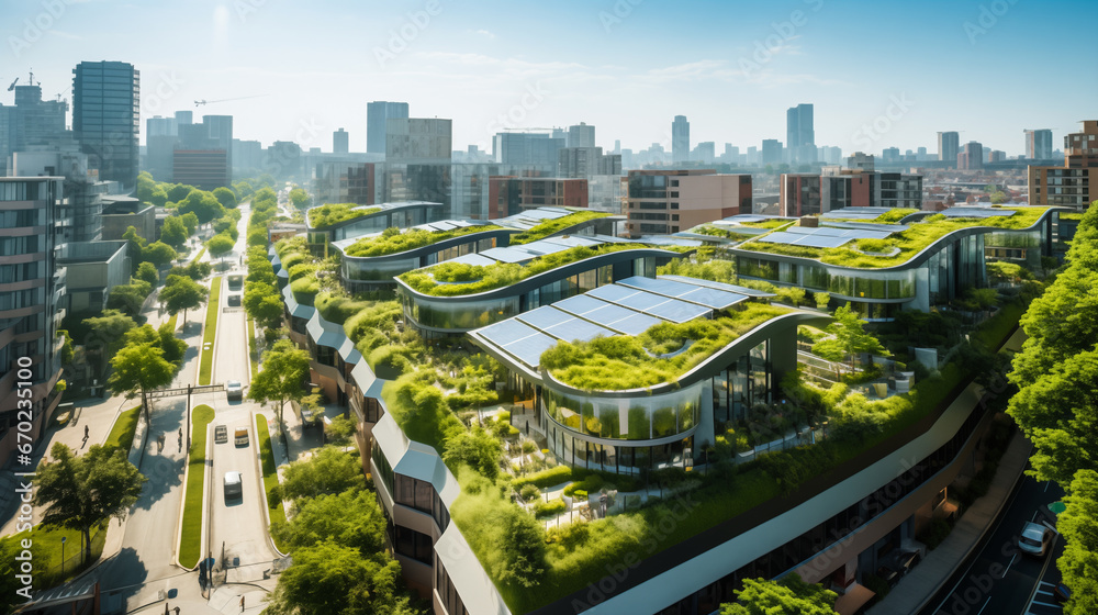 Sustainable Urban Planning: Cityscape with Green Roofs and Solar Energy