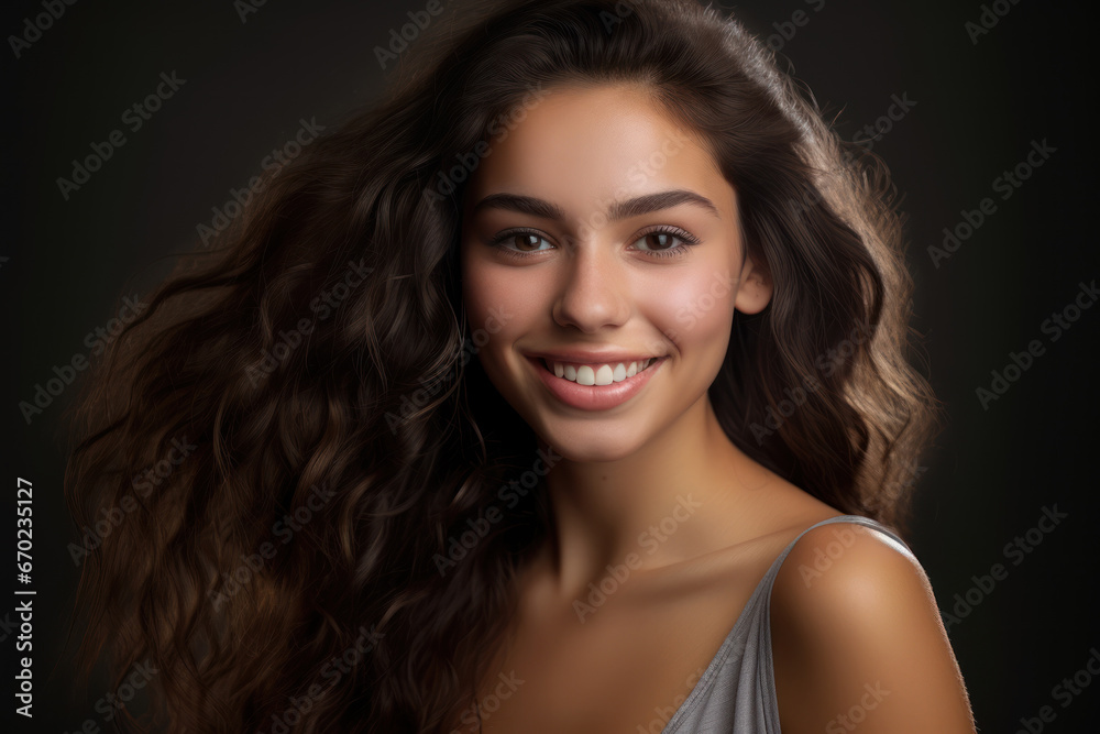 close-up portrait of a young tanned dark-haired girl with perfect skin, a dazzling smile and long curly hair close-up portrait of a young tanned dark-haired girl with perfect skin, a dazzling smile and long curly hair