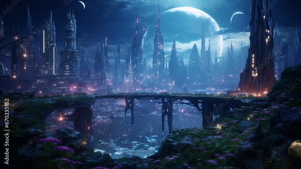 A vibrant, otherworldly cityscape with bioluminescent flora and towering crystalline structures.