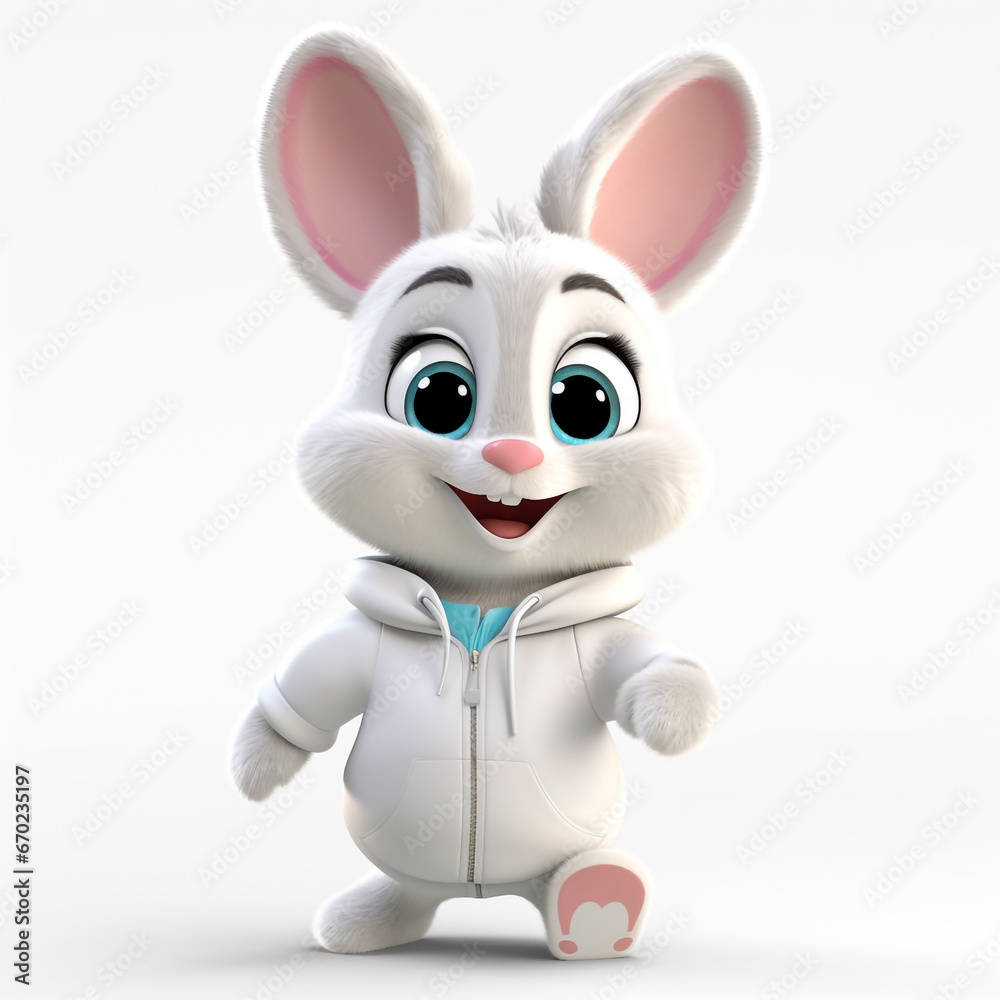 3D cartoon style illustration of a baby rabbit wearing a shirt and a happy face. Isolated on white background. 3D cartoon style illustration of a baby rabbit wearing a shirt and a happy face. Isolated on white background.