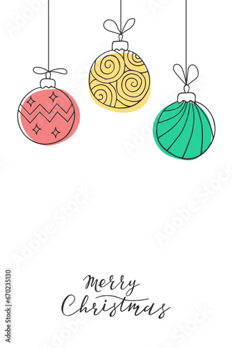 Merry Christmas Template with hanging balls and lettering text. Hand drawn doodle black outline background. Circle green red yellow bauble. Element for design Xmas card  invitation  advertising