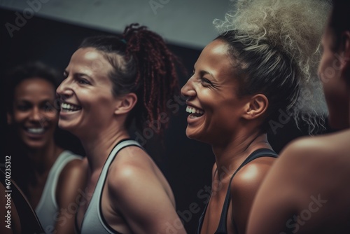Close up of group of happy women in sportswear in the gym, laughing