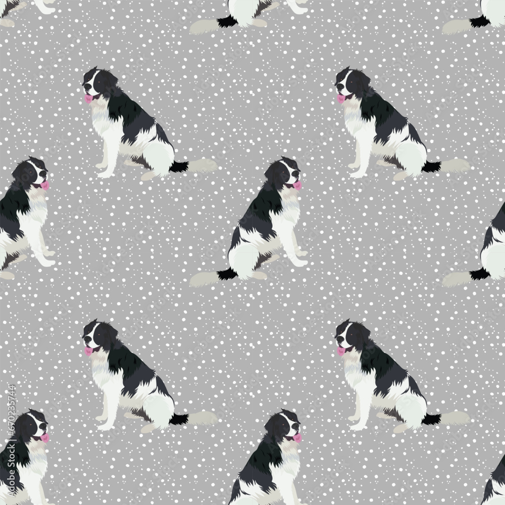 Obraz premium Newfoundland dog seamless pattern.Hand-drawn dog on a repeatable grey background with snow. Cute abstract texture with happy smiling dog illustration. Cartoon style. Popular character. Cover print.