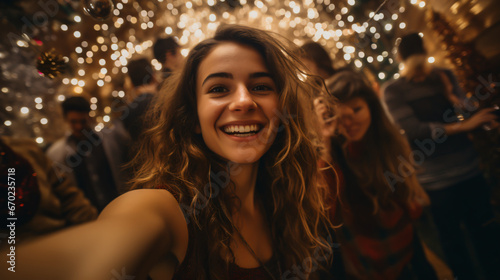 Friend with Christmas costumes taking selfie on a party, celebrating with friends at a Christmas party. Energetic and enthusiastic photo in an atmosphere representing the Christmas festivities.