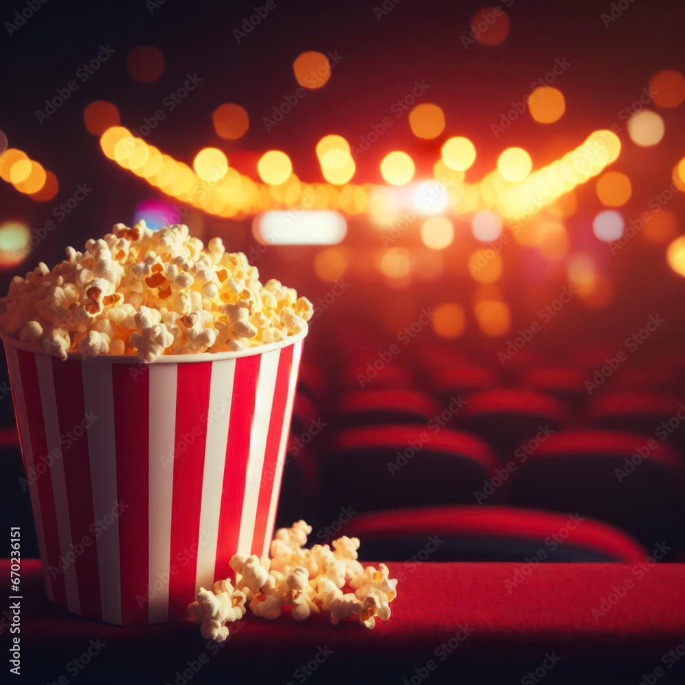 Popcorn in red and white striped cardboard bucket on movie theatre background. ai generative