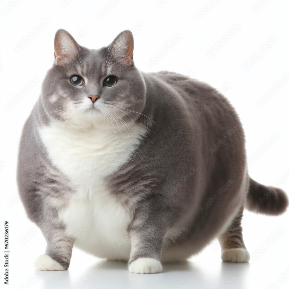 Sullen overweight cat on white background. ai generative