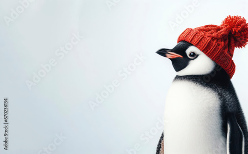 Penguin wearing red winter knitted hats on white background. ai generative