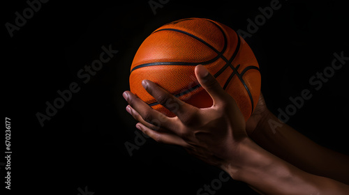 Hand holding basketball with copy space
