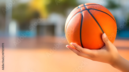 Hand holding basketball with copy space © Ekaterina