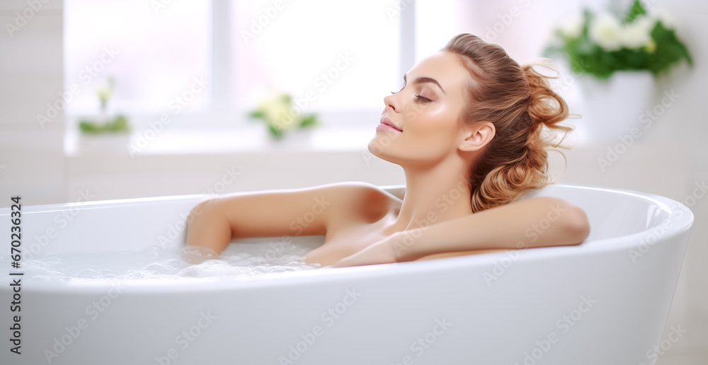 Beautiful Woman Lying In Bathtub With Foam While Relaxing In Luxury Bathroom At Home, Happy Young Woman Enjoying Warm Bath With Soap Bubbles, Copy Space Beautiful Woman Lying In Bathtub With Foam While Relaxing In Luxury Bathroom At Home, Happy Young Woman Enjoying Warm Bath With Soap Bubbles, Copy Space
