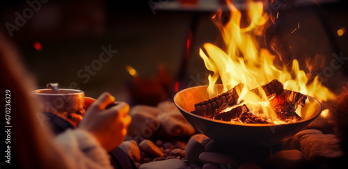 Woman enjoying coffee while sitting by the fire on a cold winter night. Cast iron fire pit campfire place at forest beach camping with bright burning flame at evening time photo