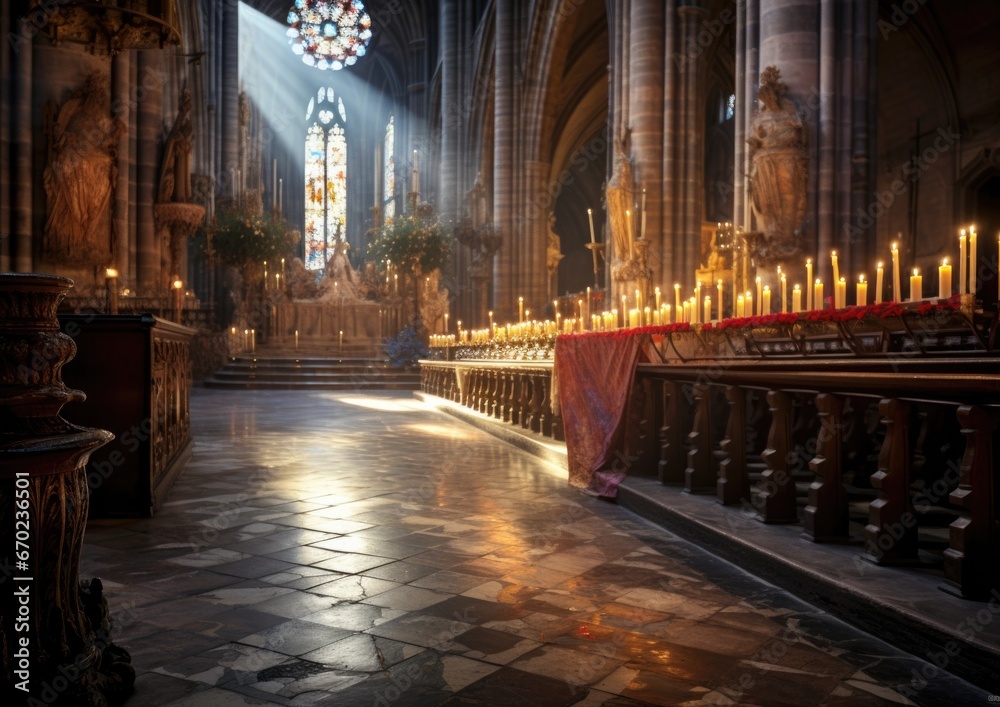 A long aisle with candles in a cathedral. Generative AI.