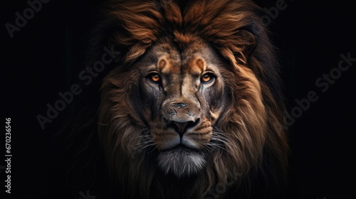 A lion with a dark background. Generative AI. © serg3d