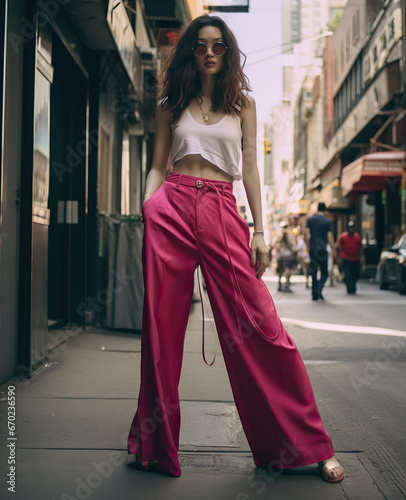 Beautiful young woman in fashion red pants walking on the street. © Юлия Дубина