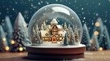 Winter wonderland with little town and christmas tree inside a snow globe , snowing, festive