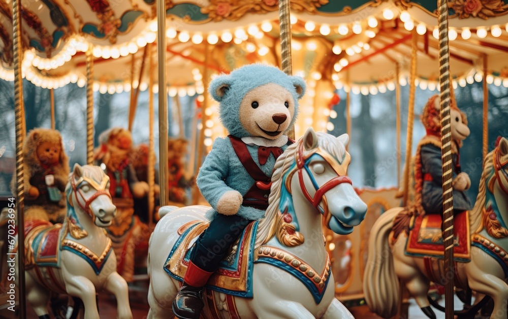 A  bear riding on a carousel. Generative AI.