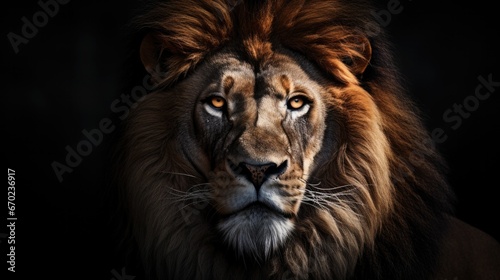 A lion with a big mane on a black background. Generative AI. © serg3d