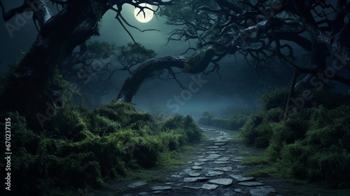 A winding, misty path through a Myrtle forest in the middle of the night.