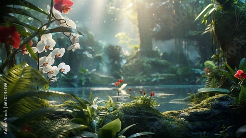 An 8K, high-detailed image of an orchid in a lush, tropical rainforest, surrounded by vibrant greenery and other exotic flora.