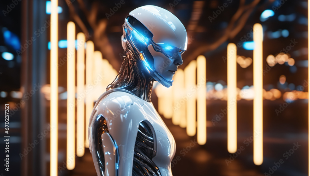 Sleek robotic figure standing amidst glowing vertical lights showcasing cutting-edge technological advancements.	 - obrazy, fototapety, plakaty 