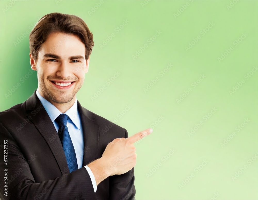 Photo of a cheerful young businessman pointing at copy space for advertising. Generative AI Photo of a cheerful young businessman pointing at copy space for advertising. Generative AI