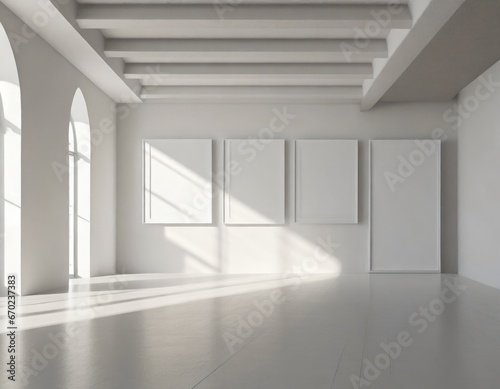 Minimalist art gallery interior  clean white space with empty picture frames  art gallery style. Generative AI