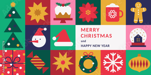 Merry Christmas and Happy New Year abstract geometric background. Modern colorful pattern with minimalist Christmas icons. Trendy design for banner, card, cover, poster, advertising, wallpaper.