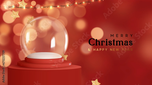 Christmas glass transparent empty magic snow globe on red background with round stand podium for products studio. Realistic 3d scene for mockup products. vector illustration