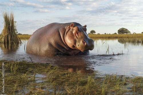 large hippopotamus in marshland. Generative AI