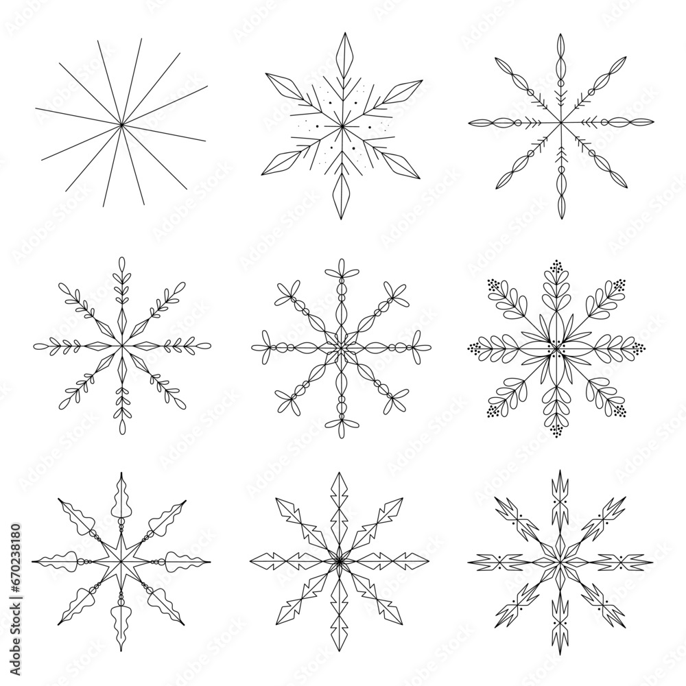 Set of snowflakes doodle. Simple shape. Design winter templates. Vector illustration in retro style.