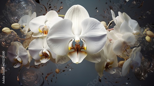 An 8K image capturing the intricate details of an opulent, white orchid in full bloom, with every tiny feature highlighted in high resolution.