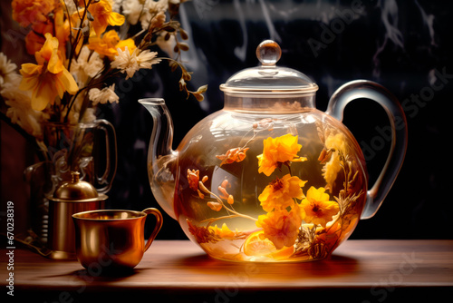 A glass teapot with yellow flowers, oolong tea in glass kettle on wooden table. Chinese traditional tea ceremony