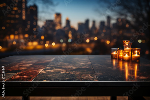Black stone table top and blurred bokeh office interior space background. AI generative