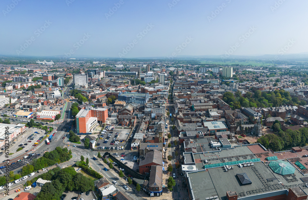 Preston, Lancashire, UK, September 06, 2023; high aspect aerial view of Fishergate high street shopping and over the town cityscape of Preston, Lancashire, England.