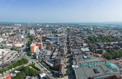 Preston, Lancashire, UK, September 06, 2023; high aspect aerial view of Fishergate high street shopping and over the town cityscape of Preston, Lancashire, England.