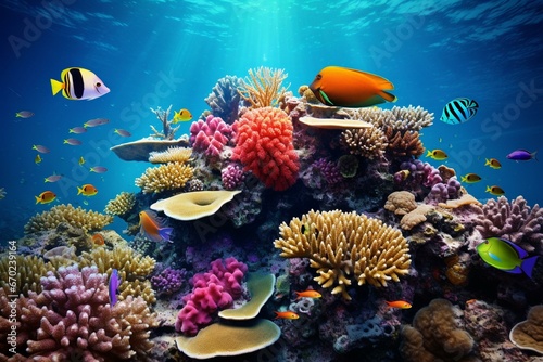 Coral reef showcasing marine life. Generative AI