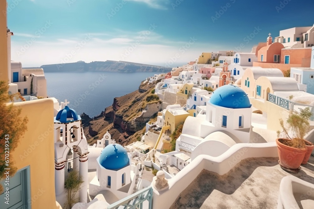 Stunning panoramic view of Santorini island with traditional houses and blue-domed churches overlooking the Aegean Sea. Generative AI - obrazy, fototapety, plakaty 