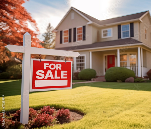 For Sale yard sign for real estate home for sale stock photos. In focus Yard Sign with blurred house in background