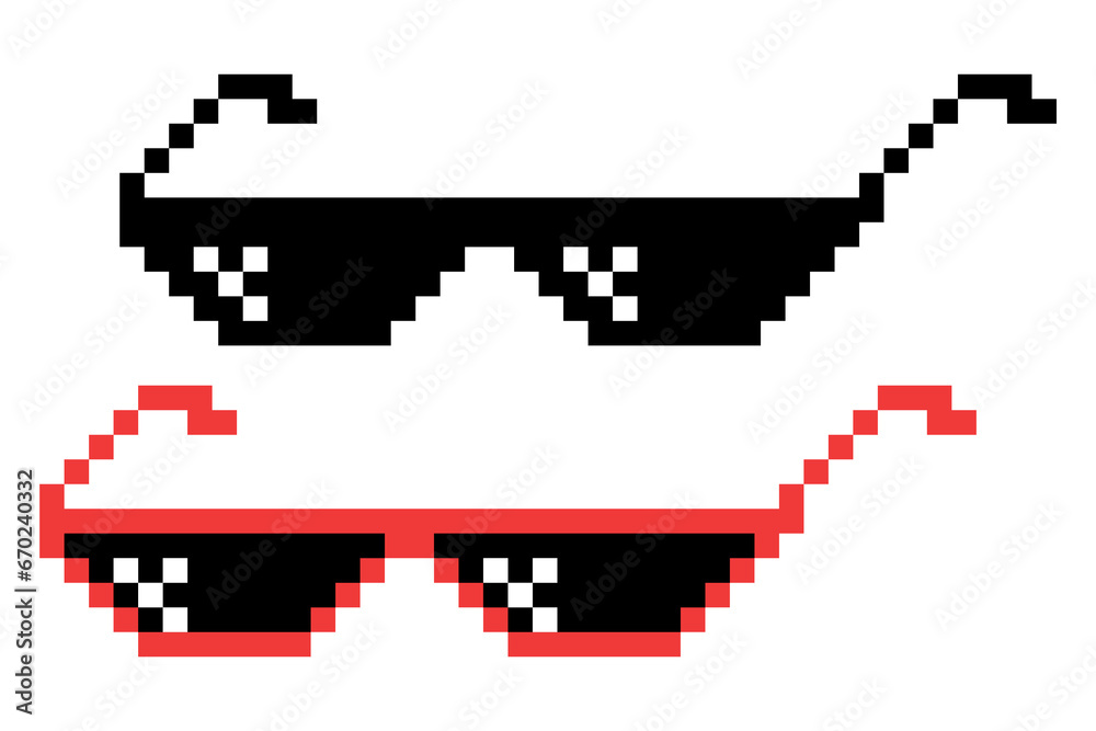 Fototapeta premium Vector Pixel Boss Glasses Icon Set in 8 bit Retro Style. Summer Meme Game Thug Design, Mafia Gangster Funky Sunglasses. Rap Music Design Element