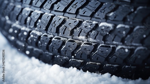 close-up view of car tires designed for winter conditions on a snowy road. Winter tires in action. photo