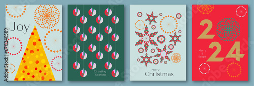 Merry Christmas and Happy New Year greeting card set. Modern Xmas design with christmas tree,geometrical shapes, ball pattern. Xmas concept for invitation, poster, banner, social media, cover template
