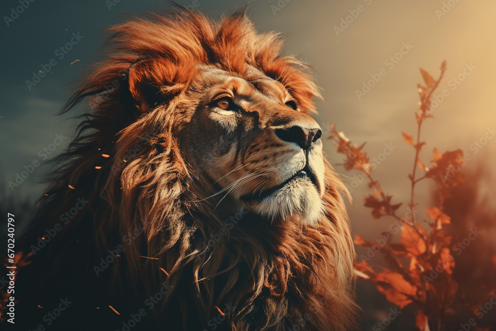 Naklejka premium Double exposure professional portrait, lion head in profile fills the frame. AI generative