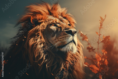 Double exposure professional portrait, lion head in profile fills the frame. AI generative