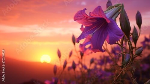 A Celestial Campanula set against a breathtaking sunset, with the vibrant flower silhouetted against the warm, dusky sky.